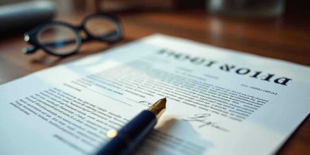 Close up of a legal contract with a fountain pen and spectacles